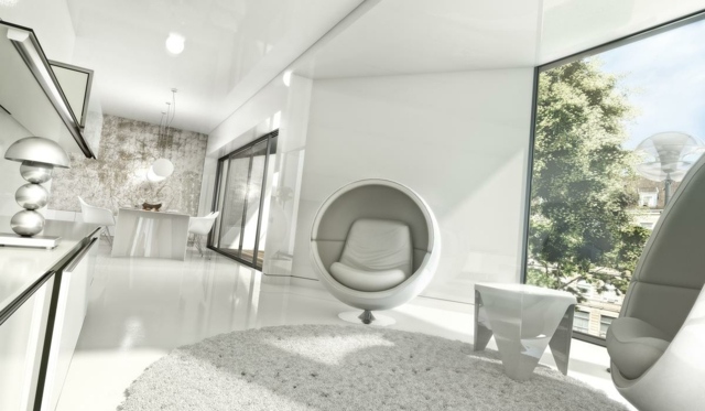 Kožené kreslo, okrúhly koberec, biele steny vo vysokom lesku, strešný byt Okrúhly koberec, biele steny vo vysokom lesku, strešný apartmán, jedálenský kút