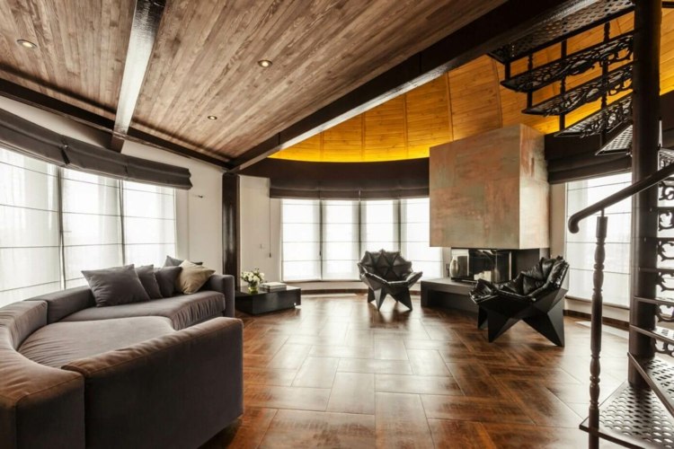 obývačka-nápady-čierna-obývačka-okrúhle-točité schodisko-kov-drevený strop