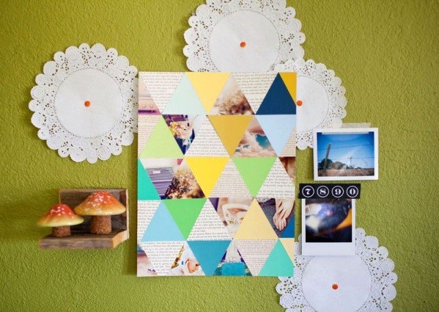 vlastnoručne vyrobená stena-dekorácia-osobné-fotografie-aranžmán-hrnček-tácka-papier-rozeta