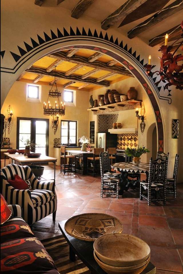 Nábytok-nápady v trendovom štýle Afriky-ukážkový textil-luster-riad Obývačka-Afrika-vzhľad-zariadenie-nápadov-klenba-tradičné-dekorácie-nábytok-drevo