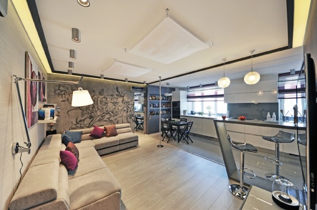 1-izbový bytový nábytok-otvorený-pôdorys-moderný-dekorácia-steny-neutrálne farby