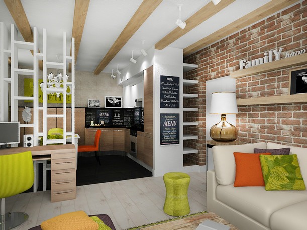 1-izbový bytový nábytok-polička-rozdeľovač-kuchyňa-drevené fronty-zelené akcenty