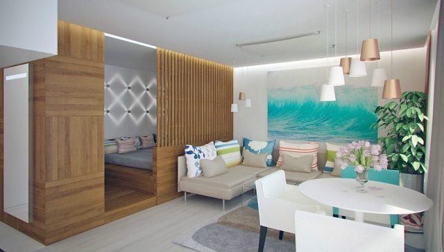 1-izbový byt-zariadenie-drevené panely-obklopujúce-posteľ