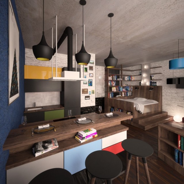 1-izbový nábytok-drevená posteľ-platforma-farebné-akcenty-industriálny štýl