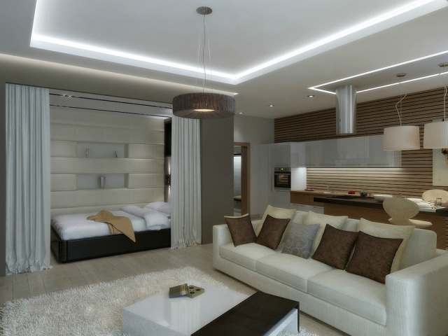 1-izbový byt-zostava-skryť-posteľ-za-závesmi