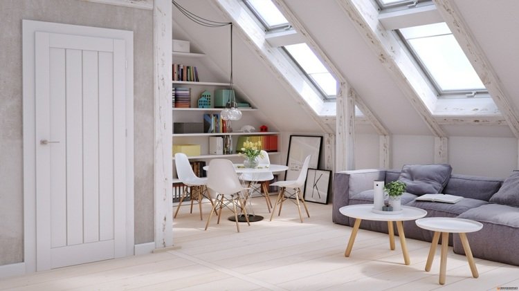 Zariadenie bytu byt-obývačka-polica-jedálenský kút-drevo-sivá