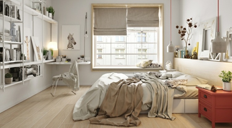 Prevedenie so sivými skladanými žalúziami dizajnový-byt-nočný stolík-červená-spálňa-deco-biely-severský