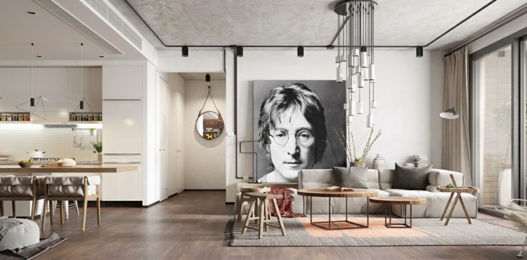 Byt v minimalistickom a škandinávskom štýle s množstvom dreva design-apartment-john-lennon-nástenná-maľba-škandinávsky-byt-nápad