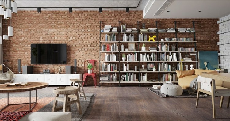 Apartmán s červenou tehlovou stenou dizajn-byt-tehla-akcent-stena-cervena-policka-velke knihy-loft-style-nordic