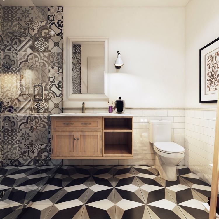 Kúpeľňový dizajn s geometrickými a patchworkovými dlaždicami dizajnový byt kúpeľňa-geometrický-obklad-dizajn-patchwork-sprchovací kút