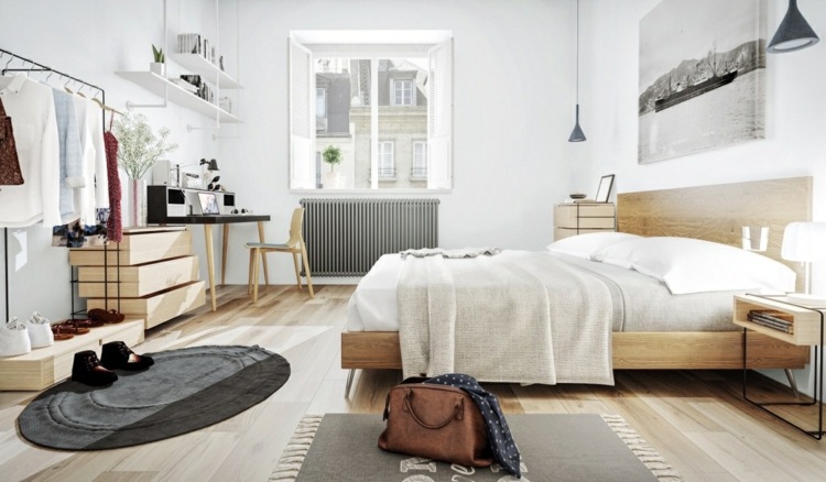 Byt má veľkú spálňu design-apartmán-jednoduchý-štýl-posteľné podložky-oválne-posteľ-drevo-biela-posteľná bielizeň