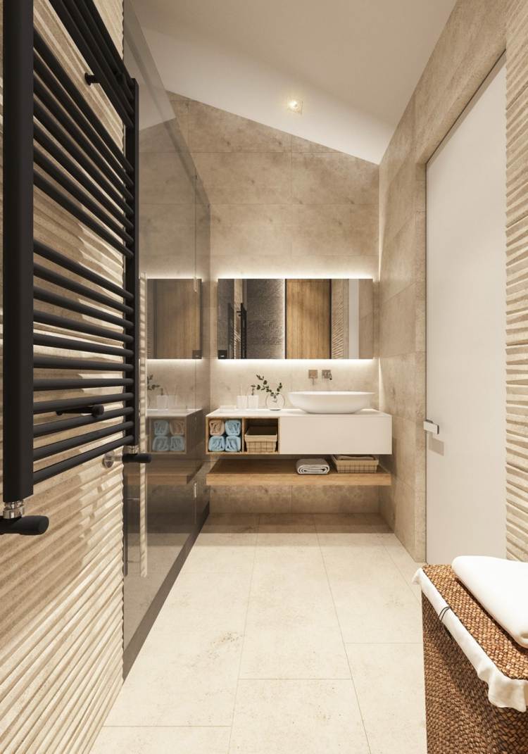 Byt v teplých farbách - nápad na dizajn kúpeľne byt-inšpirácia-sprcha-sklenené dvere-tónované-nepriame-osvetlenie-kúpeľňové radiátory