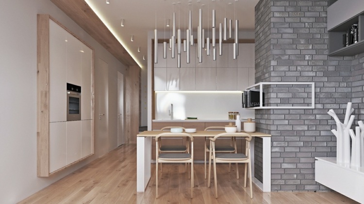 Život s otvorenou kuchyňou byt-inšpirácia-bývanie-nápady-obývačka-kuchyňa-jedálenský stôl-tehla-sivá