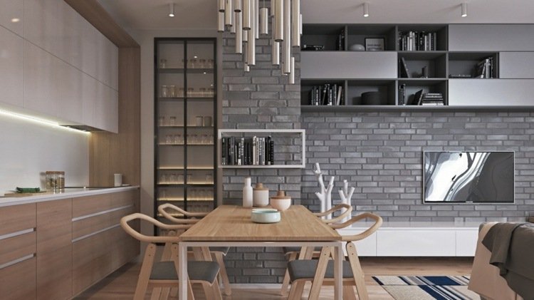 Apartmán s jedálenským stolom ako rozdeľovač miestností byt-inšpirácia-otvorená-kuchyňa-jedálenský-priestor-stena-moderná-drevená podlaha