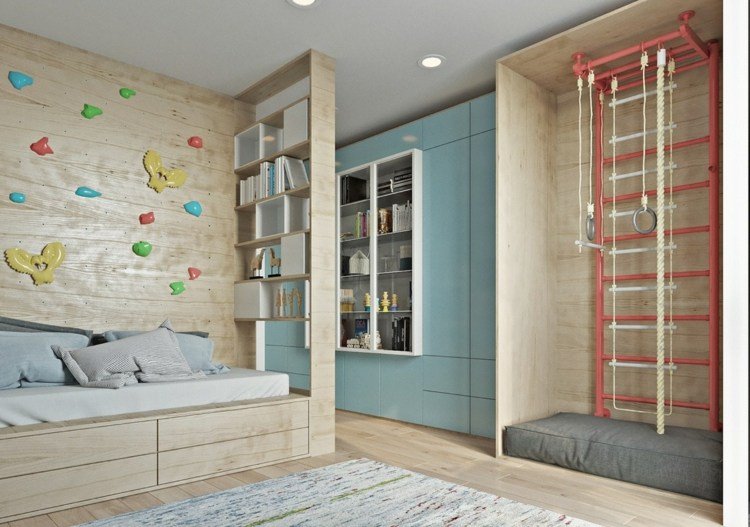 Inšpirácia na ihrisko v detskej izbe Byt-inšpirácia-detská izba-herňa-lezecká stena-lešenie-delič-polička