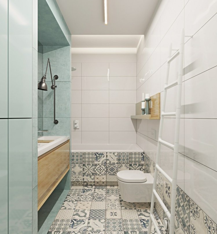 Navrhnite byt s mozaikovými dlaždicami byt-inšpirácia-svetlo-modrá-dlažba-biela-patchwork-umývadlo-skriňa-vaňa