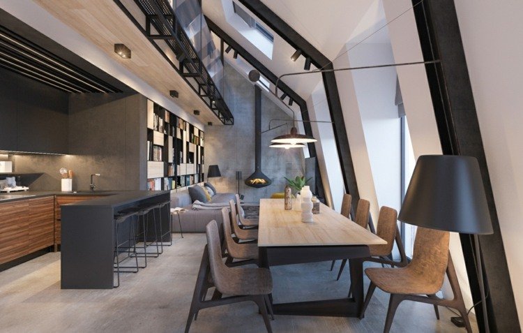 Apartmán s otvorenou kuchyňou a jedálenským kútom v obývacej izbe byt-inšpirácia-útulná-šikmá-strecha-jedálenský-stôl-moderné-čierne akcenty