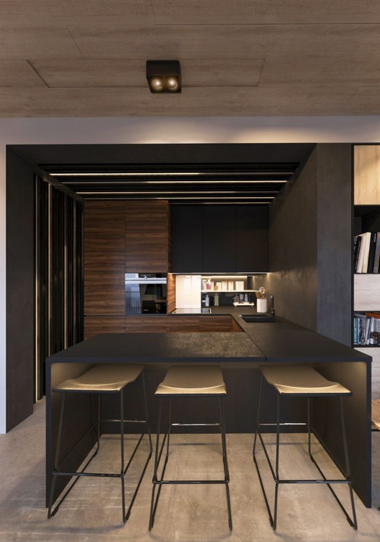 Inšpirácia do kuchyne v čiernej farbe a v tvare U byt-inšpirácia-raňajky-pult-čierne barové stoličky-oceľ-drevo-kuchyňa