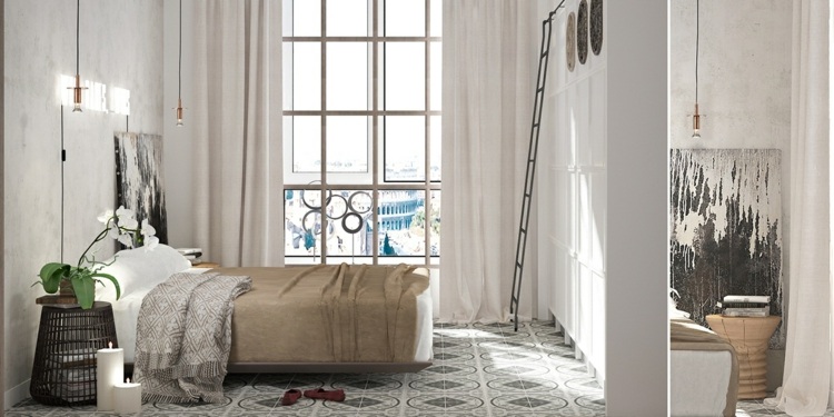 Byt s ženským nábytkom a veľkým oknom pre dostatok denného svetla byt ženský nábytok posteľ dlažba stará budova spálňa medzistena