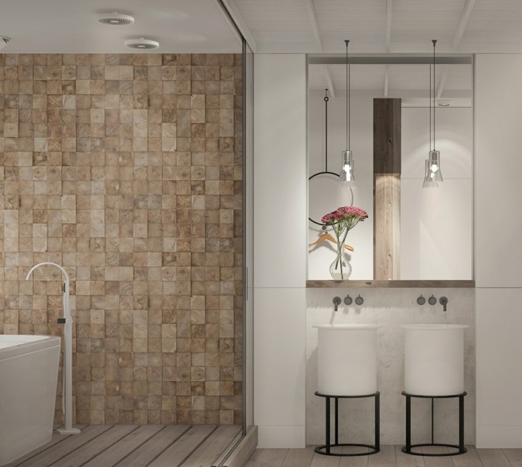 Akcentová stena z drevených kociek v kúpeľni okamžite upúta pozornosť byt s ženským nábytkom interiér kúpeľňa drevené nástenné zrkadlo