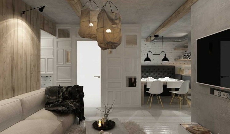 Ženský efekt má aj biely obklad steny byt ženský nábytok strešné nosníky sivá stena betónový vzhľad