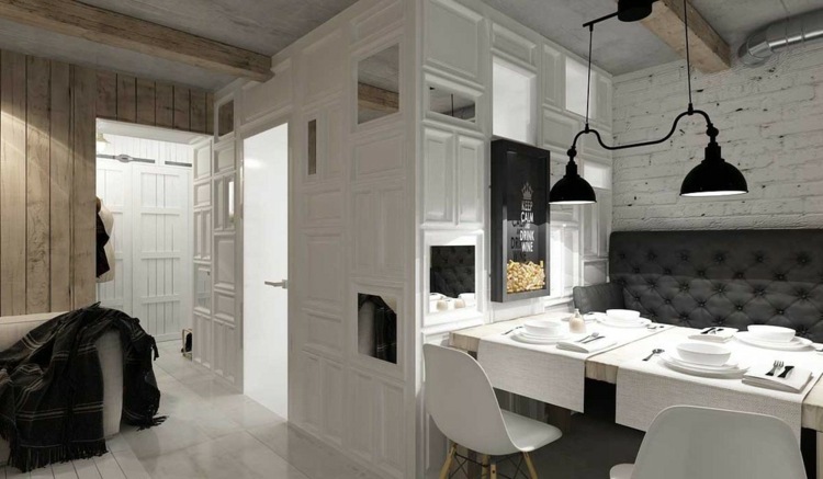 Byt s ženským nábytkom - jedáleň a predsieň v bielo -čiernom prevedení byt ženské zariadenie jedálenský stôl dlažba vstupná chodba