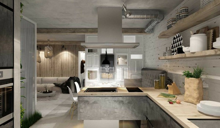 Kuchynský nábytok vyzerá rustikálne s otvorenými policami byt ženský nábytok otvorená polica kuchyňa sivé farby