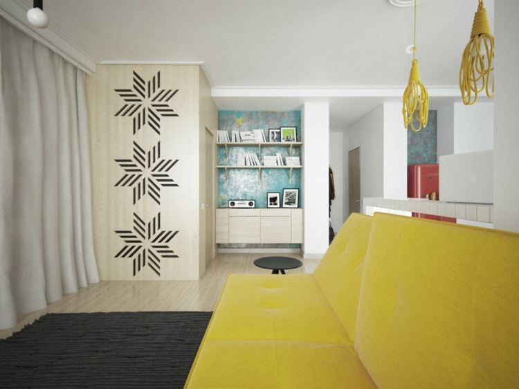 Vytvorenie príjemnej police a rohu skrinky byt s ženským nábytkom akcentová stena tyrkysová policová skrinka