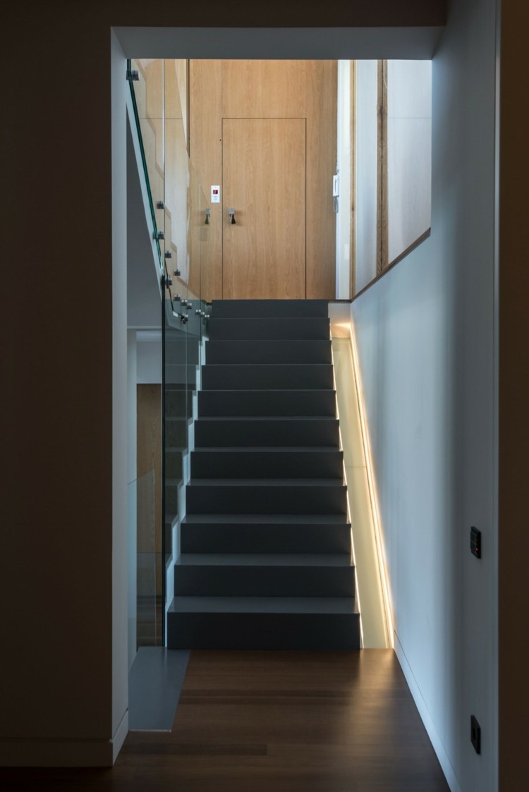 Apartmán so sivými schodiskami na chodbe byt s čierno sivou obývacou izbou predsieň dizajnom osvetlenie schodiska