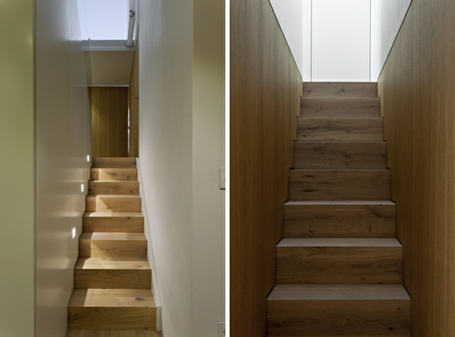 moderné drevené schodisko osvetlenie podkrovný byt Osvetlenie podkrovia obklady stien dubové drevo