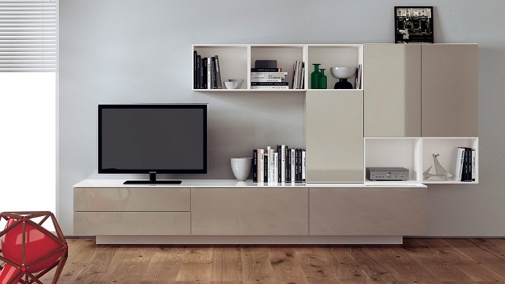 Modulárna nástenná jednotka do obývačky s prednými držadlami Nástenná jednotka nápady pre modernú obývaciu izbu Nástenná skrinka béžová Frotnen