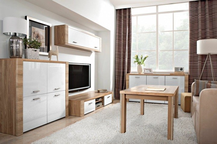 Zariaďte si malú obývačku - nástenná jednotka vyrobená zo skrine, nástennej skrinky, nízkej dosky Nástenný systém moderná obývacia izba malé miestnosti priestorovo úsporný nábytok biele fronty