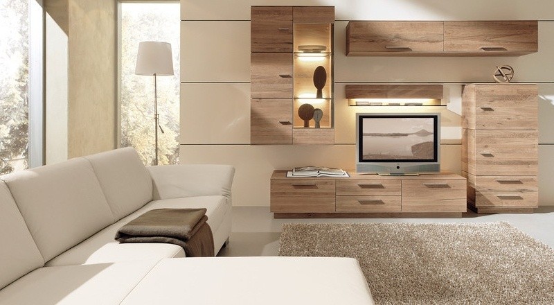 Nástenná jednotka vo vzhľade jaseňové drevo, nástenná skrinka so sklenenou skrinkou a televízna skrinka so zásuvkami Nápady na skladovanie na stene Zásuvky do skrine Shaggy Carpet