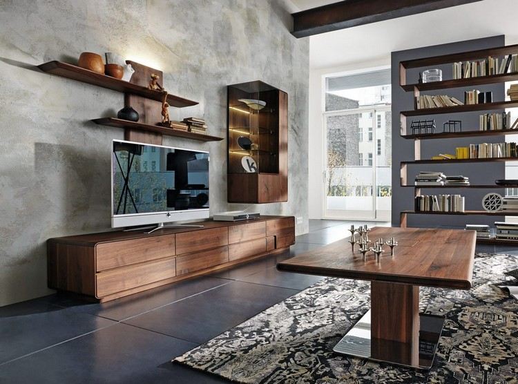 Nástenná jednotka z dreva tmavého orecha obývacia stena-nápady-moderné-orechové drevo-dakota-bývanie