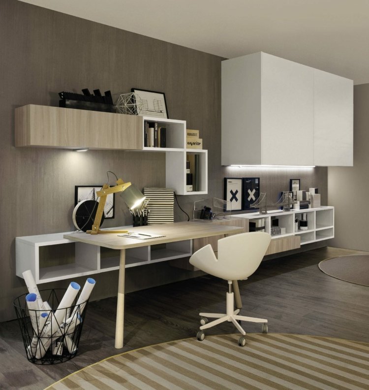 Nástenný systém s policovým systémom obývacia stena-stôl-zalf-design-model-jasný-nábytok-inšpirácia-osvetlenie-laminát