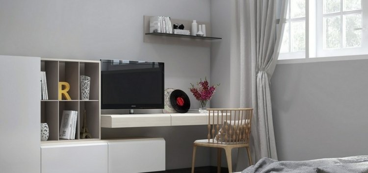 Biela stolová doska s priestorom pre televíziu Nástenná jednotka so stolom biela-moderná-polica-nápad