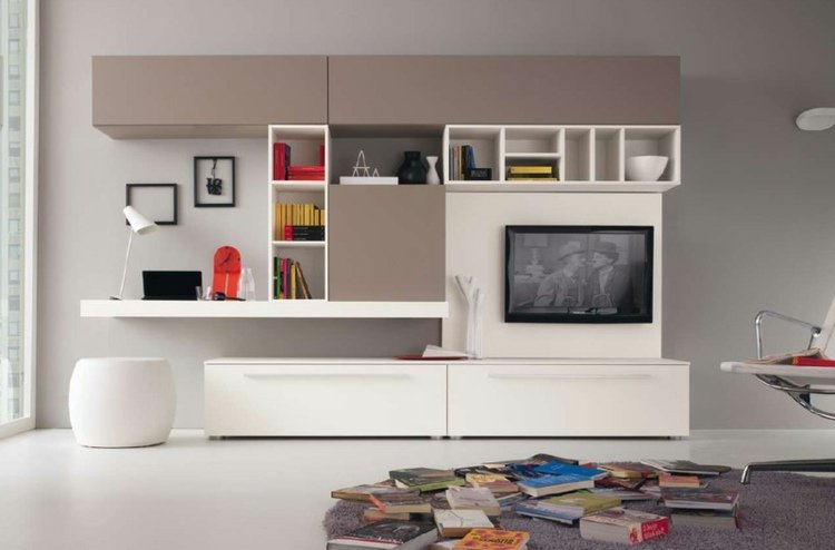 Nástenná jednotka so stolom - police majú svoje výhody Nástenná jednotka so stolovým nábytkom-nápadité poličky-taburet-šedo-biela