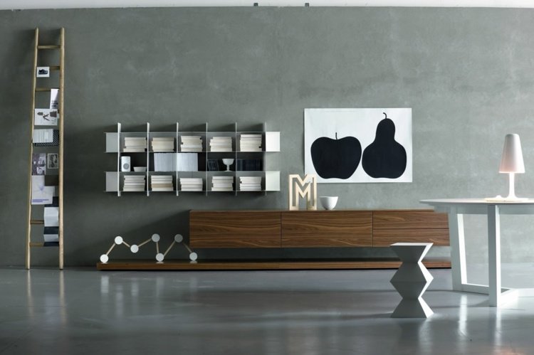 Postavte si obývaciu stenu svojpomocne Moderný dizajn nízka doska polica nástenná betónová optika stena