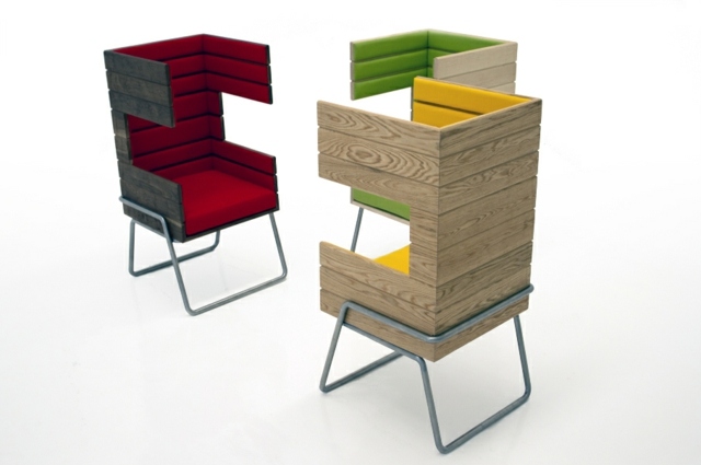 kreatívny koncept tri varianty dreva červené žlté zelené čalúnenie