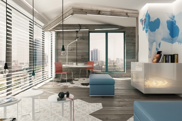 Krbové rolety do obývačky so sivou drevenou podlahou