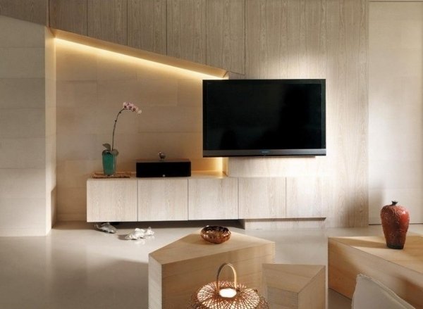 Moderné nápady na zariadenie obývačky, drevené stenové panely