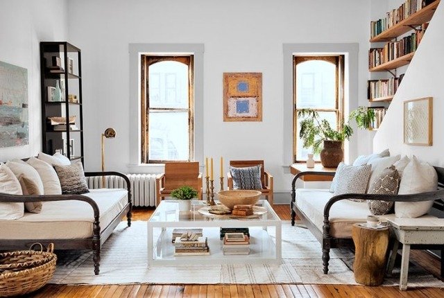 obývacia izba-moderný-vidiecky štýl-doska-podlaha-drevené akcenty