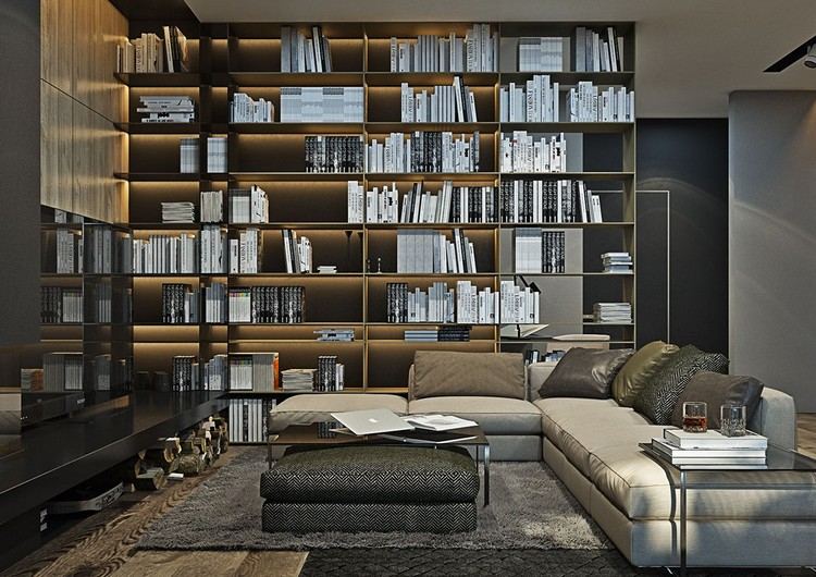 Obývacia izba v sivej osvetlenej nástennej jednotke-policová rohová sedačka