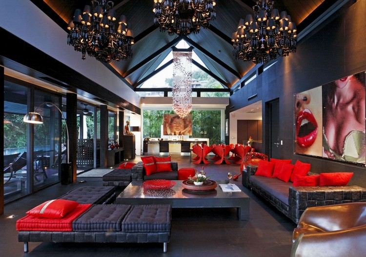 Obývacia izba-sivá-červená-sedacia súprava-luster