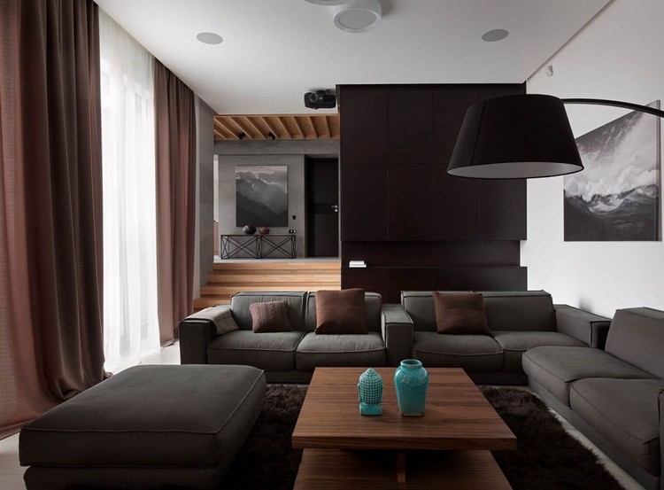 Obývacia izba-šedo-čierno-hnedé-nástenné závesy