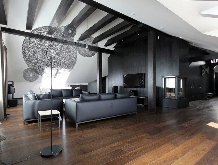 Obývačka-sivá-biela-obývačka-nápady-moderná-tmavá podlaha