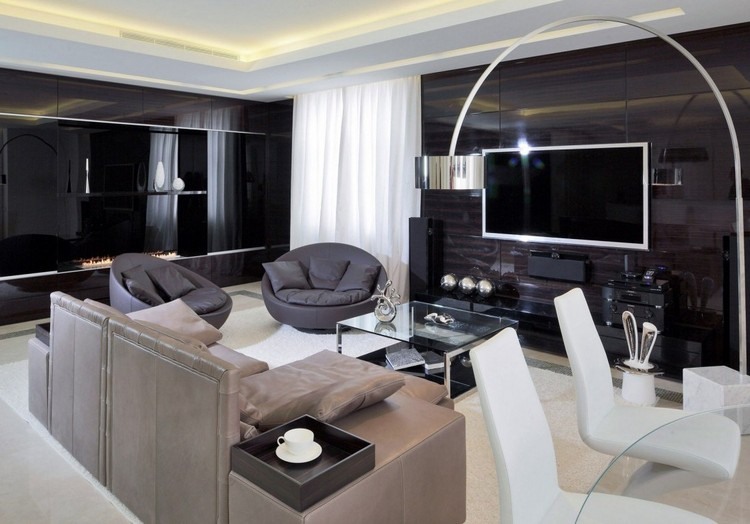 Obývacia izba-sivá stenová jednotka-tmavý nábytok-nápady na bývanie