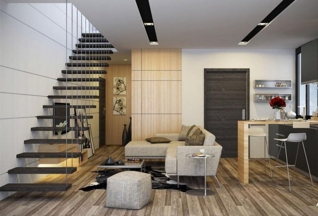 obývačka kuchyňa v drevenej podlahe čierno šedé schody