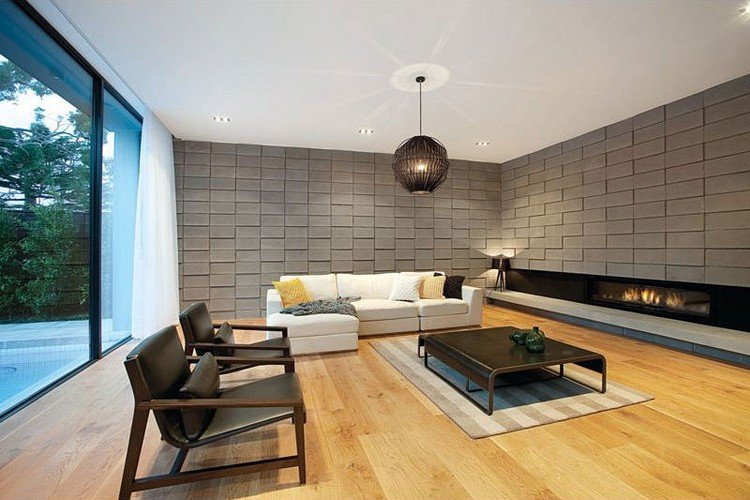 čierna závesná lampa, LED bodky a stolná lampa Osvetlenie obývačky-3d-obklad na stenu-sklenený krb-čierna-závesná lampa