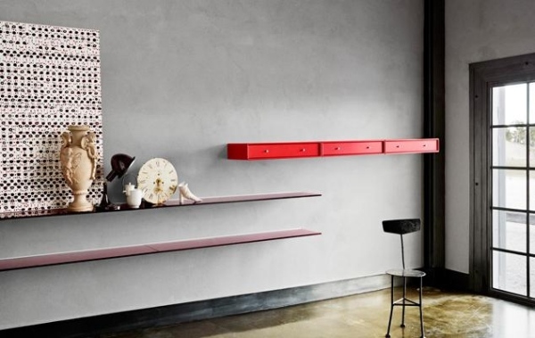 Nábytok do obývačky Nástenná polička Montana červené zásuvky